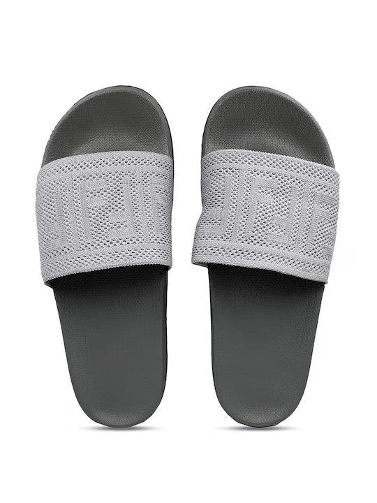 Women Grey & White Printed Rubber Sliders