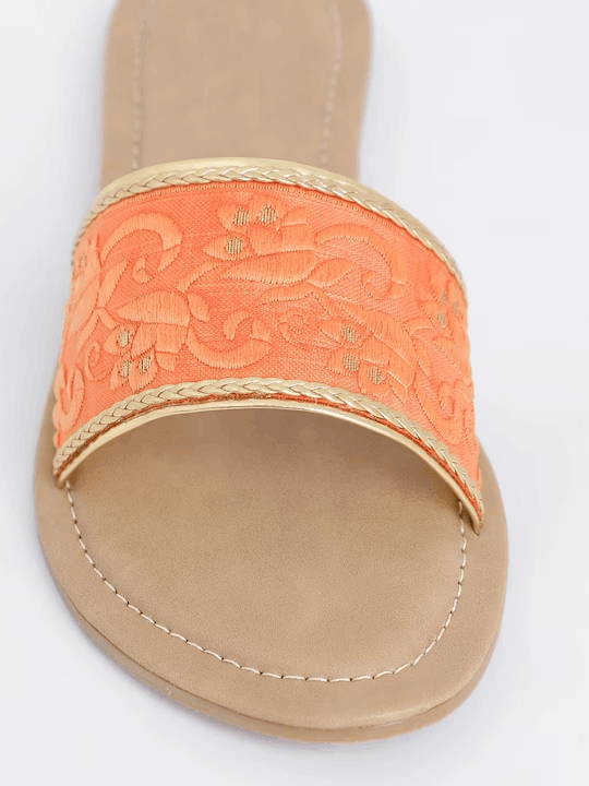 Women Peach-Coloured Embellished Open Toe Flats