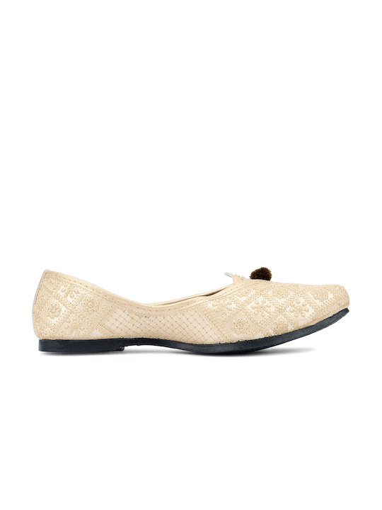 Women Gold-Toned Embellished Leather Ethnic Mojaris Flats