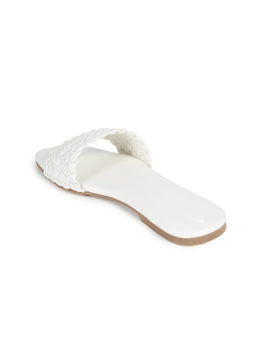 Women White Textured Open Toe Flats