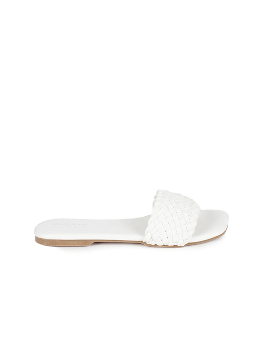 Women White Textured Open Toe Flats