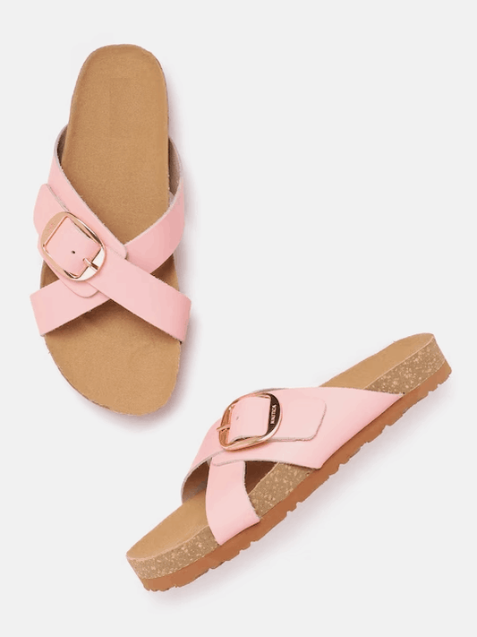 Women Pink Solid Open Toe Flats with Buckle Detail