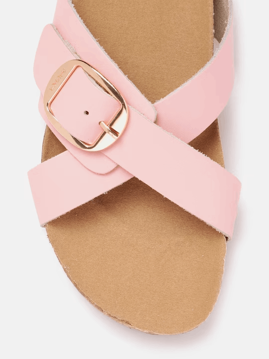 Women Pink Solid Open Toe Flats with Buckle Detail